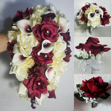 Load image into Gallery viewer, Burgundy Ivory Rose Calla Lily Bridal Wedding Bouquet Accessories