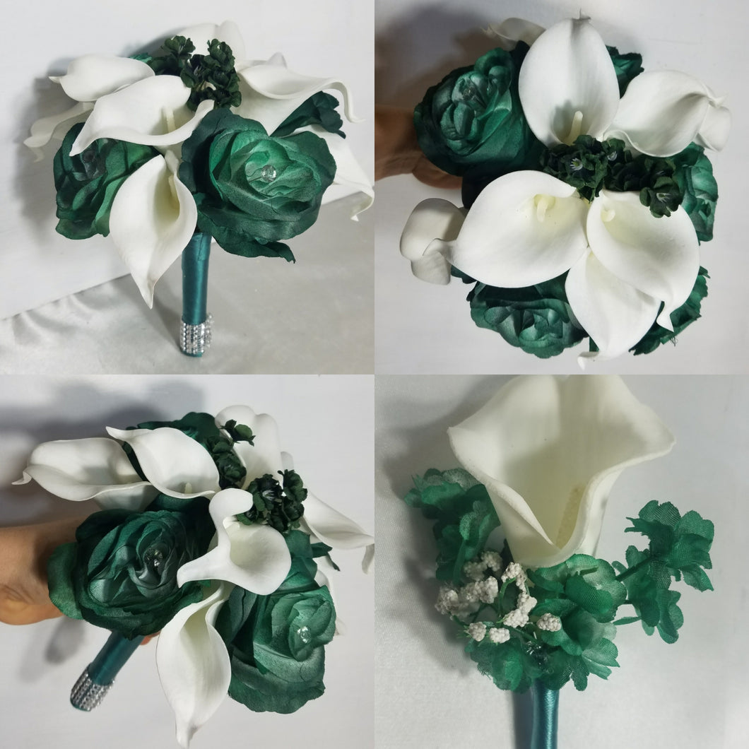 Hunter Green Rose Calla Lily Bridal Wedding Bouquet Accessories