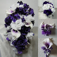 Load image into Gallery viewer, Purple White Rose Calla Lily Bridal Wedding Bouquet Accessories