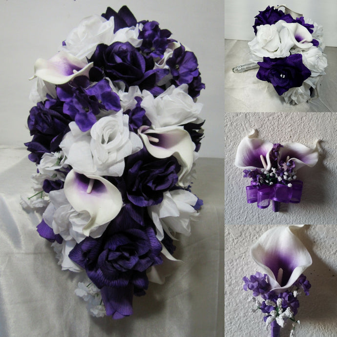 Purple White Rose Calla Lily Bridal Wedding Bouquet Accessories