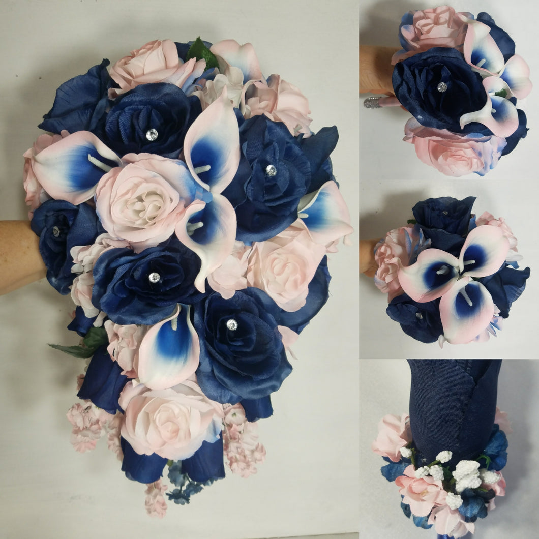 Pink Navy Blue Rose Calla Lily Bridal Wedding Bouquet Accessories