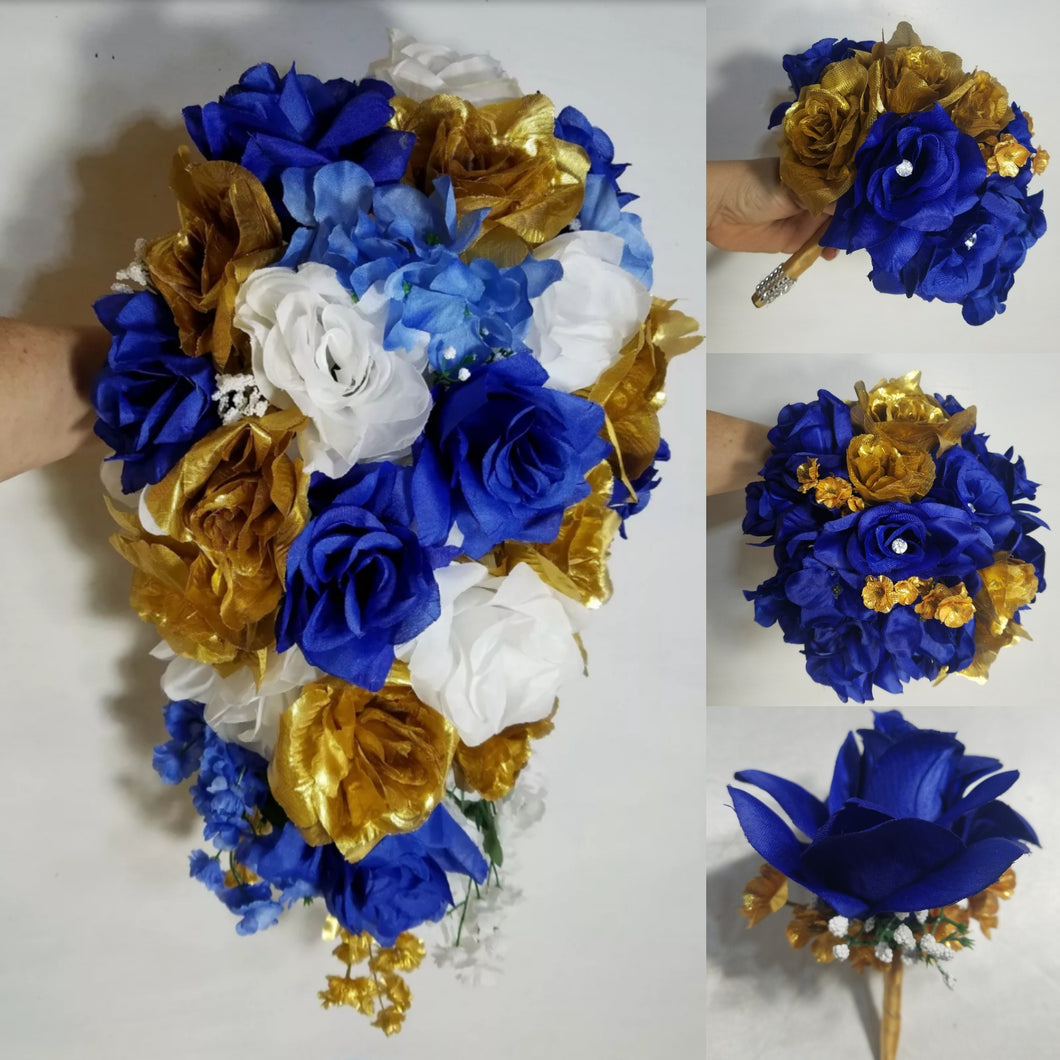 Royal Blue White Gold Rose Bridal Wedding Bouquet Accessories