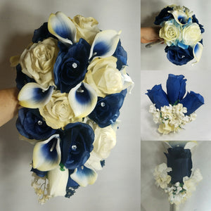 Navy Blue Ivory Rose Calla Lily Bridal Wedding Bouquet Accessories