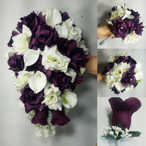 Eggplant Ivory Rose Calla Lily Bridal Wedding Bouquet Accessories