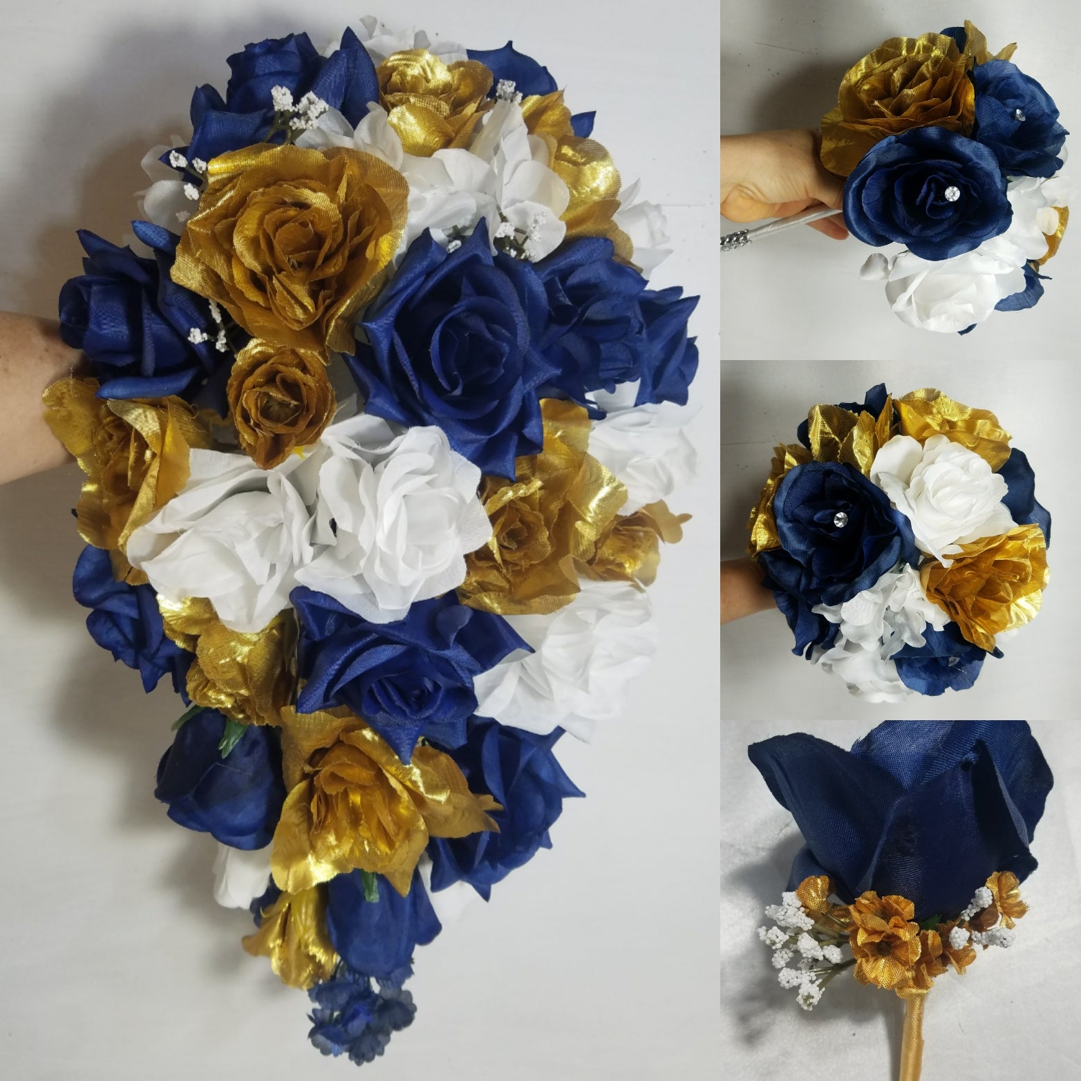 Navy Blue White Gold Rose Bridal Wedding Bouquet Accessories – Bridal  Wedding Bouquets