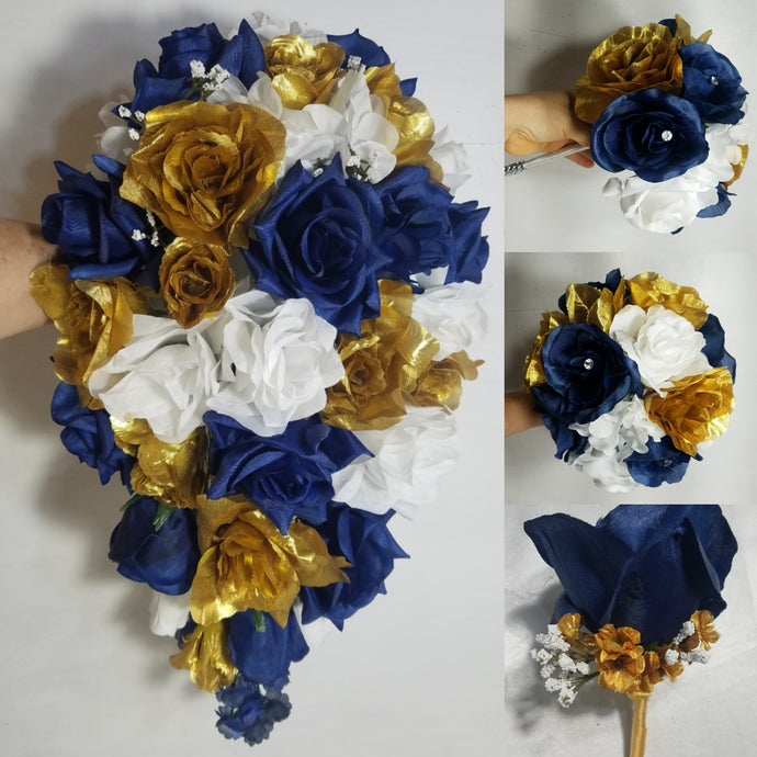 Navy Blue White Gold Rose Bridal Wedding Bouquet Accessories
