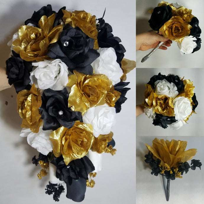 Black White Gold Rose Bridal Wedding Bouquet Accessories
