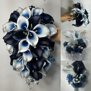 Navy Blue Silver Calla Lily Bridal Wedding Bouquet Accessories