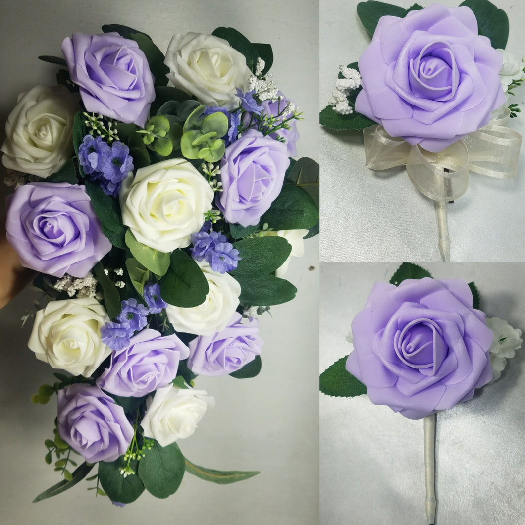 Lavender Ivory Rose Eucalyptus Faux Foam Bridal Wedding Bouquet Accessories
