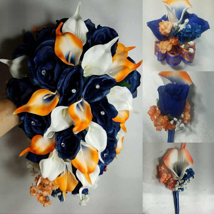 Orange Navy Blue Rose Calla Lily Bridal Wedding Bouquet Accessories