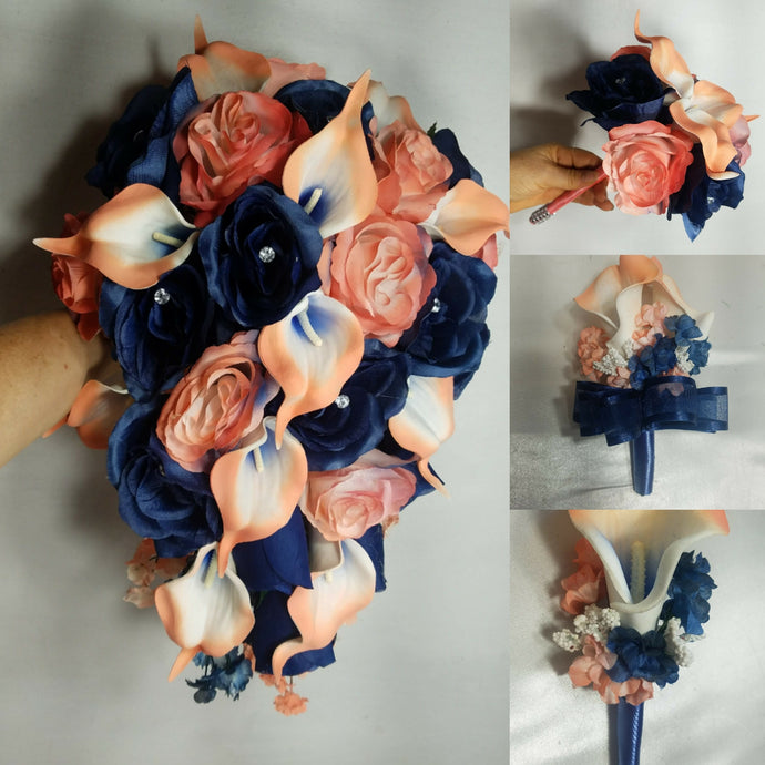 Coral Navy Blue Rose Calla Lily