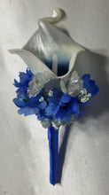 Load image into Gallery viewer, Royal Blue Silver White Rose Calla Lily Bridal Wedding Bouquet Accessories