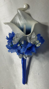Royal Blue Silver White Rose Calla Lily Bridal Wedding Bouquet Accessories