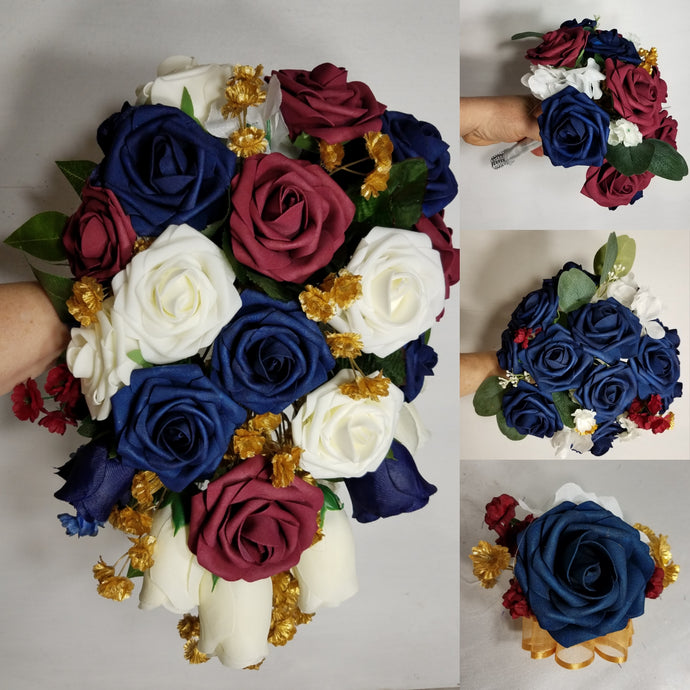 Burgundy Navy Blue Ivory Rose Bridal Wedding Bouquet Accessories