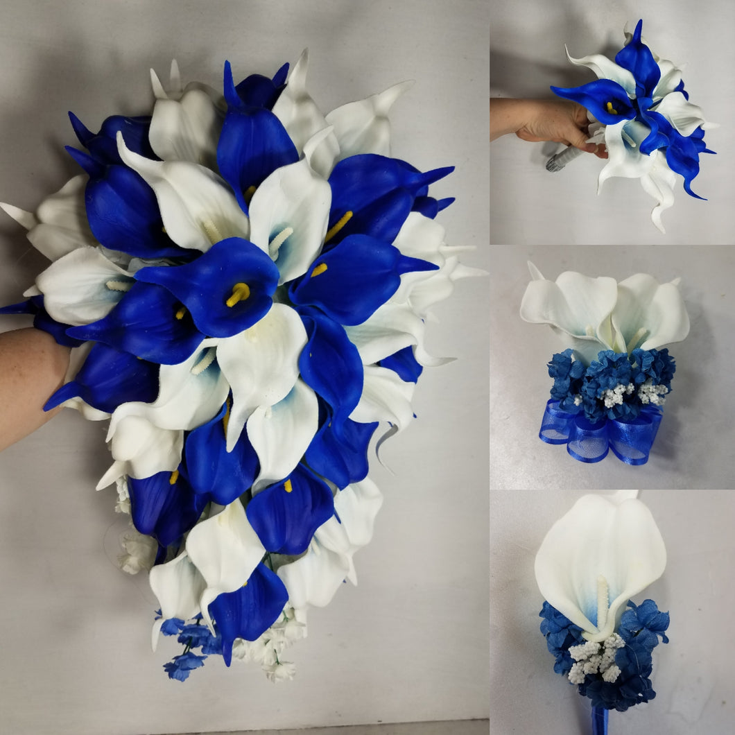 Royal Blue Ivory White Calla Lily Bridal Wedding Bouquet Accessories