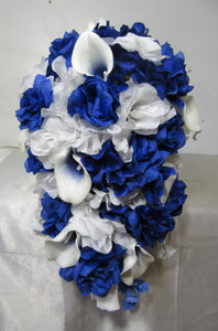 Royal Blue White Rose Calla Lily Bridal Wedding Bouquet Accessories