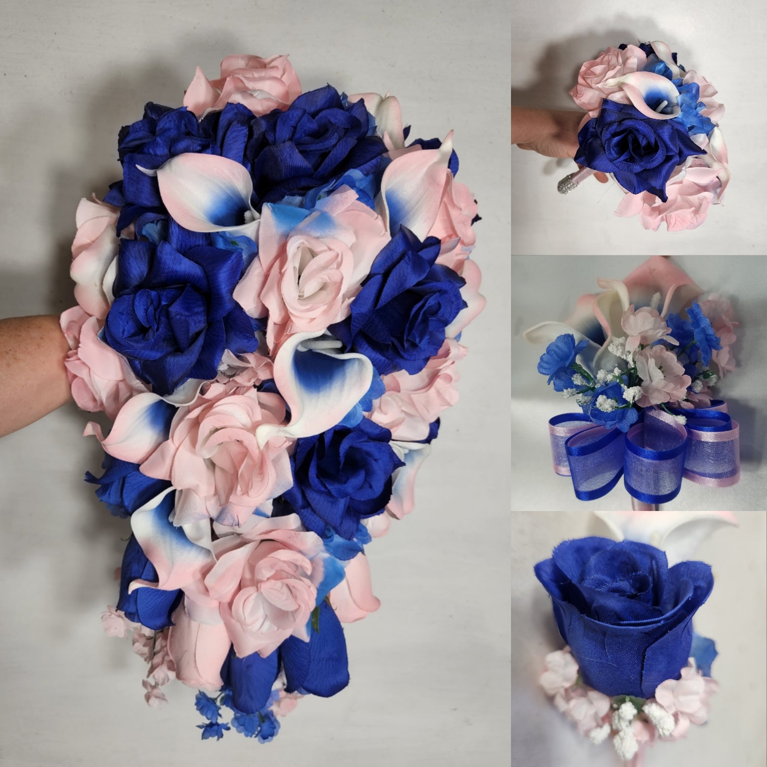 Navy Blue Silver Rose Calla Lily Bridal Wedding Bouquet Accessories