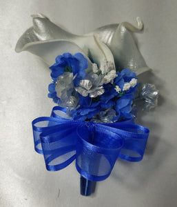 Silver Royal Blue White Calla Lily Bridal Wedding Bouquet Accessories