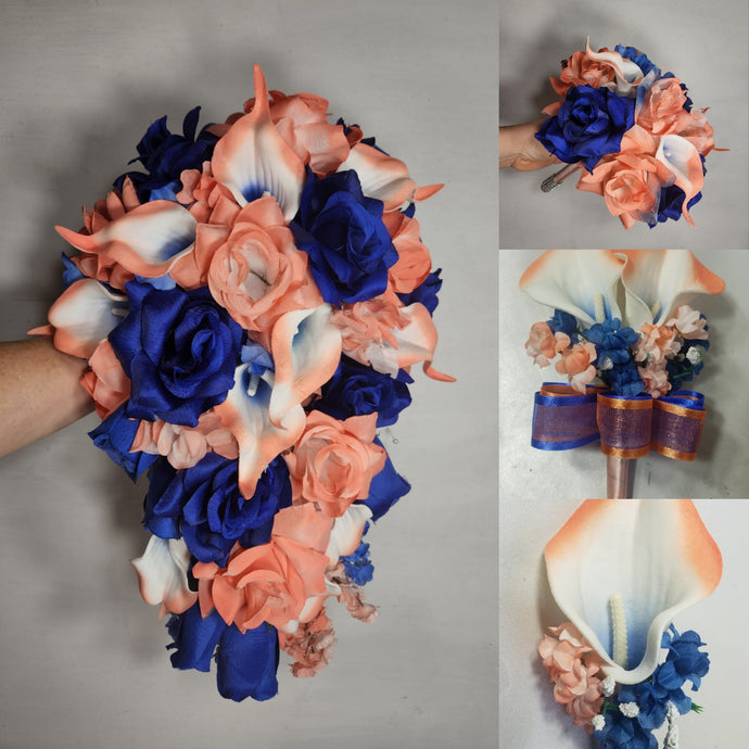 Coral Royal Blue Rose Calla Lily Bridal Wedding Bouquet Accessories