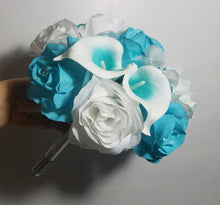 Load image into Gallery viewer, Turquoise White Rose Calla Lily Bridal Wedding Bouquet Accessories