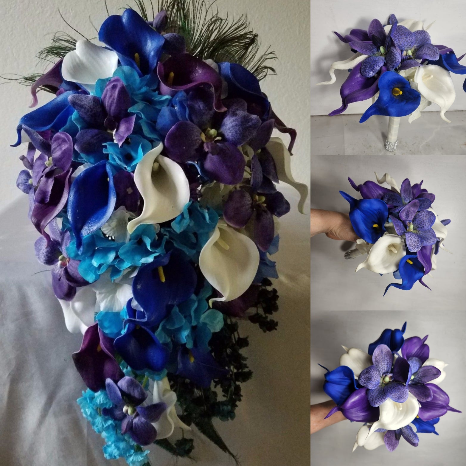 white lily and blue orchid bouquet Peacock Royal Blue Purple Turquoise Ivory Calla Lily Orchid Bridal Wedding Bouquet Accessories